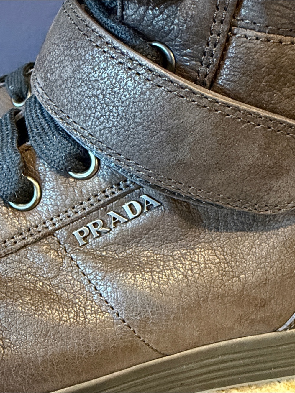 Prada Brown Leather High-Top Sneakers with Strap - Picture 5 of 5